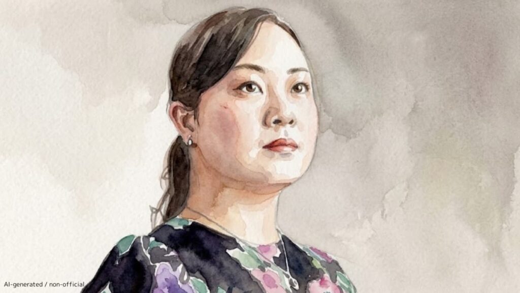 穏やかな表情で斜め上を見上げる、ピアニスト桑原志織を描いた水彩画の似顔絵。黒地に花柄のドレスを着用し、柔らかな色彩と滲みで彼女の芸術的な深みと人間的な魅力を表現している。