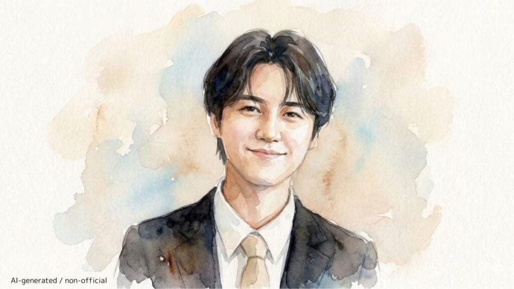 牛田智大の水彩画風似顔絵。スーツにネクタイ姿。