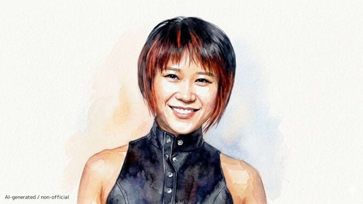 微笑むピアニスト、ユジャ・ワンの芸術的な水彩画風似顔絵。特徴的な黒髪と黒い服装を水彩のタッチで表現。