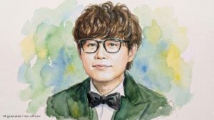 ピアニスト石井琢磨の水彩画風似顔絵。緑のスーツに蝶ネクタイ、メガネをかけた姿。