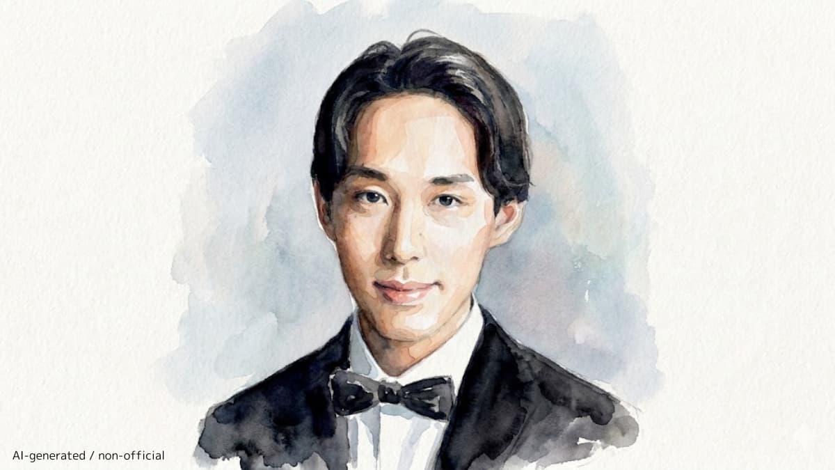 タキシードを着用し、穏やかな微笑みを浮かべるピアニスト島田隼の芸術的な水彩画風ポートレート
