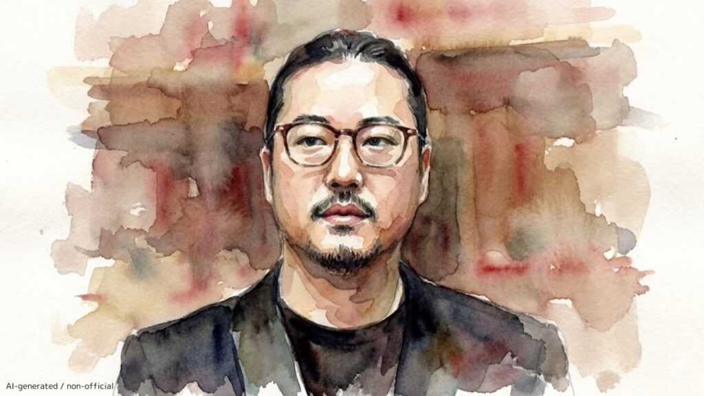 眼鏡をかけ黒い衣装を纏ったピアニスト・指揮者の反田恭平を、芸術的かつ繊細なタッチで描いた水彩画風の似顔絵ポートレート。