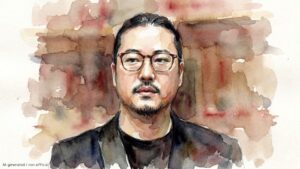 眼鏡をかけ黒い衣装を纏ったピアニスト・指揮者の反田恭平を、芸術的かつ繊細なタッチで描いた水彩画風の似顔絵ポートレート。