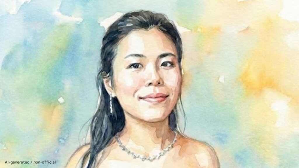 繊細な水彩画風で描かれたピアニスト進藤実優のポートレート。落ち着いた青緑色のドレスを纏い、柔らかな光に包まれながら穏やかに微笑む姿を芸術的に表現した画像。