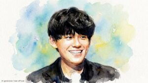 水彩画で描かれた、笑顔の亀井聖矢の芸術的な似顔絵。黒髪で黒いジャケットを着用しており、背景は淡い色彩の抽象的な水彩表現