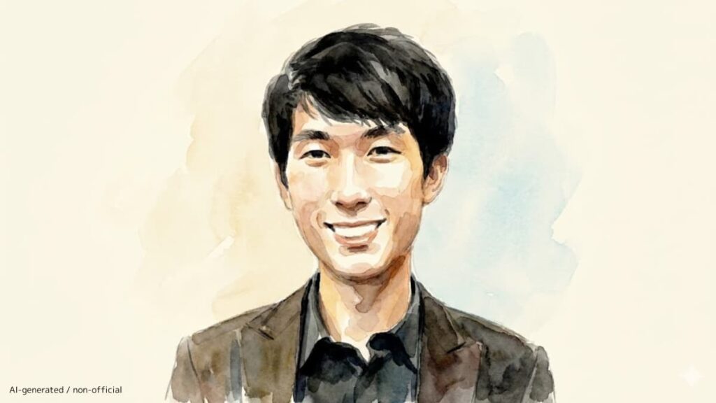2025年ショパン国際ピアノコンクール優勝者のピアニスト、エリック・ルー氏を芸術的なタッチで描いた水彩画風の笑顔の似顔絵イラスト