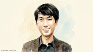 2025年ショパン国際ピアノコンクール優勝者のピアニスト、エリック・ルー氏を芸術的なタッチで描いた水彩画風の笑顔の似顔絵イラスト
